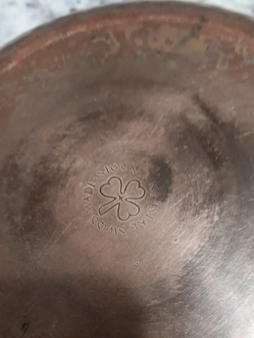 Vintage Swiss Copper Hammered Saucepan with Wooden Handle